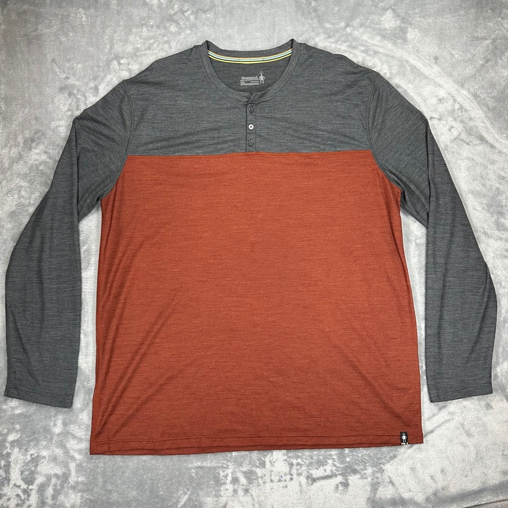 Smartwool Mens XXL Henley Long Sleeve Shirt Merino Wool Color Block Gray Orange